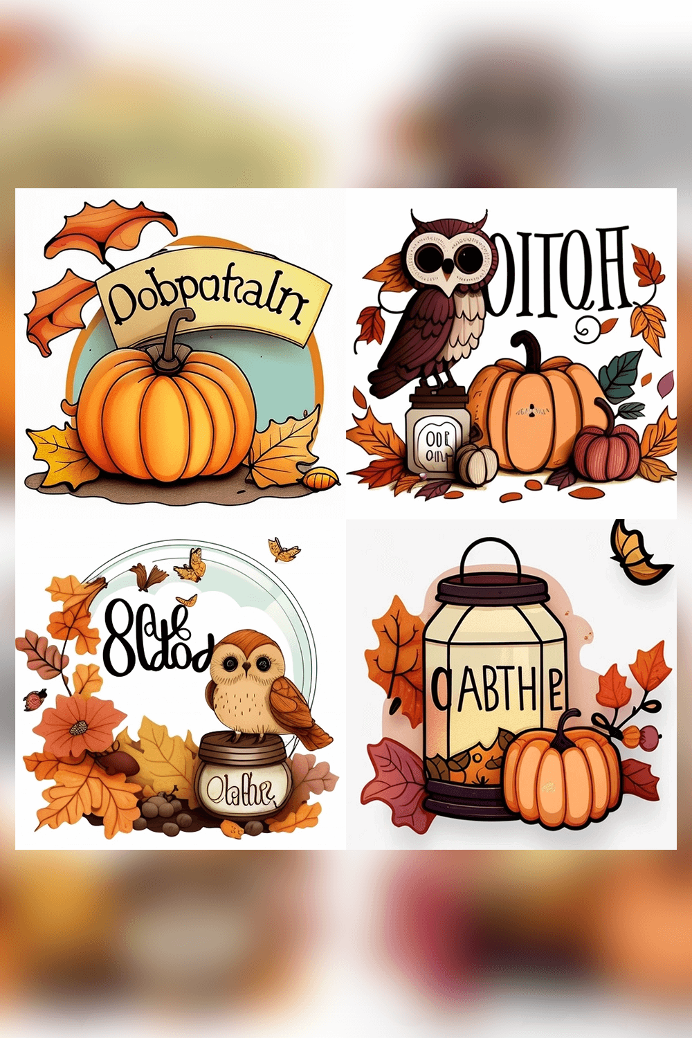 Set of four thanksgiving cards with owls and pumpkins.