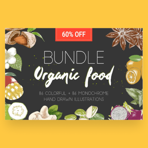 Bundle of organic food on a yellow background.