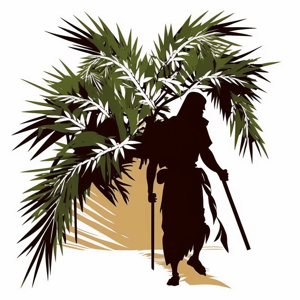 Silhouette of a man with a cane walking past a palm tree.