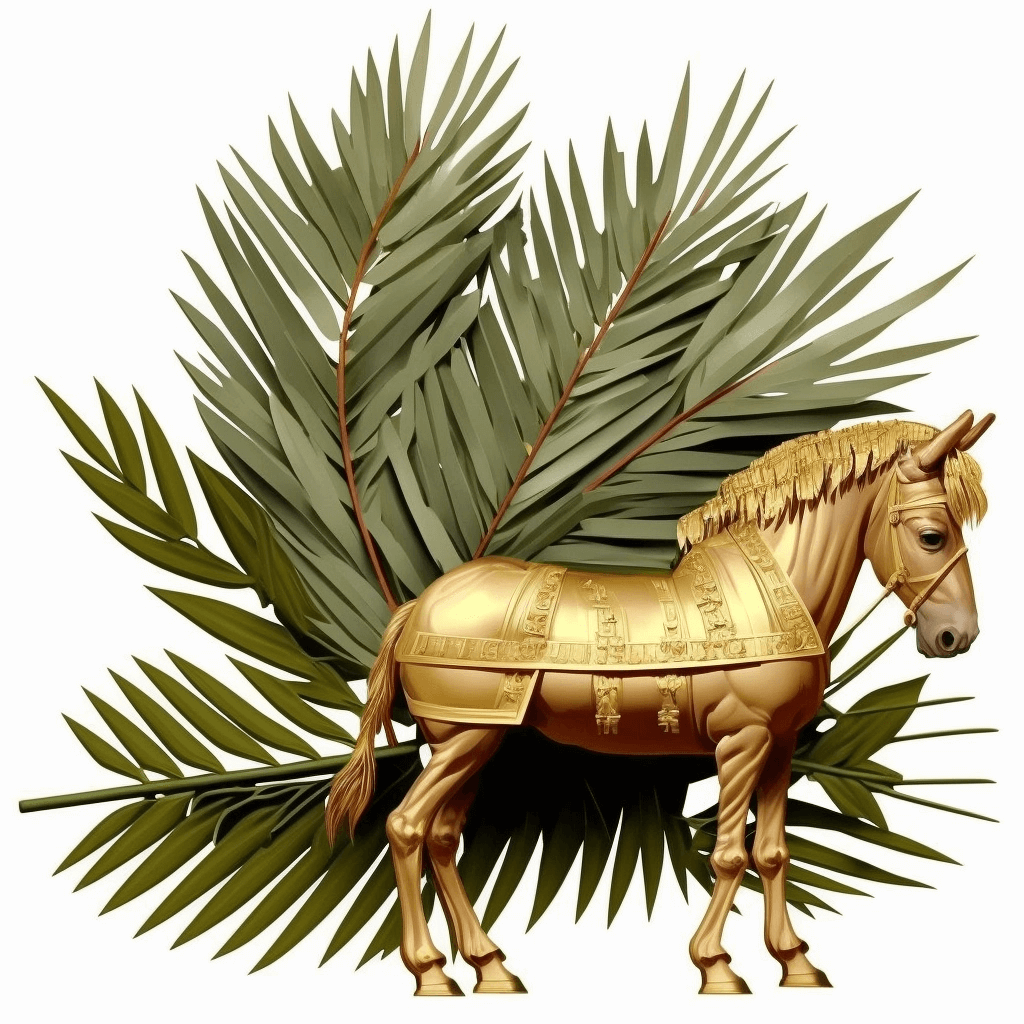 Golden horse standing next to a palm leaf.