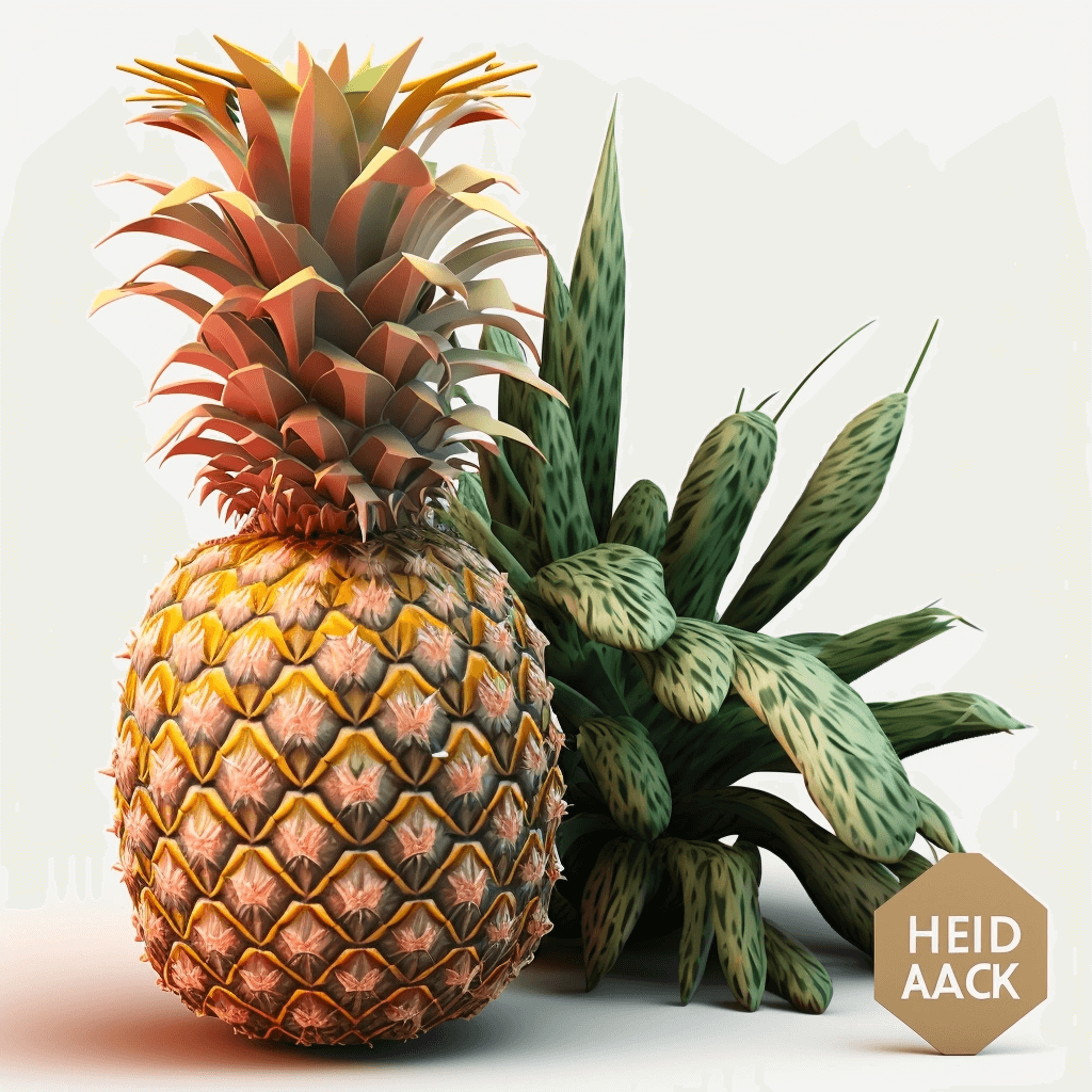 Pineapple next to a succulent plant on a white background.