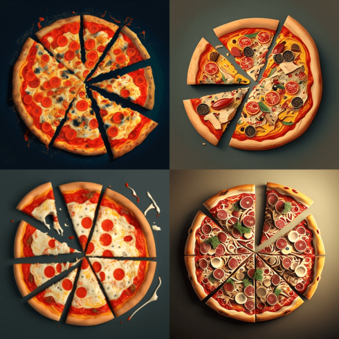 Four different types of pizza with different toppings.