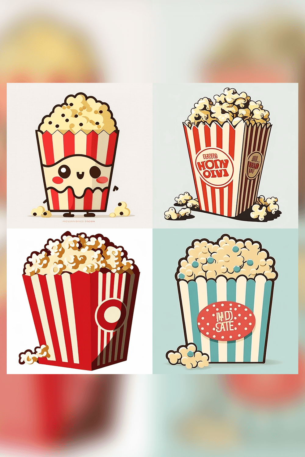 Set of four popcorn boxes with popcorn on them.