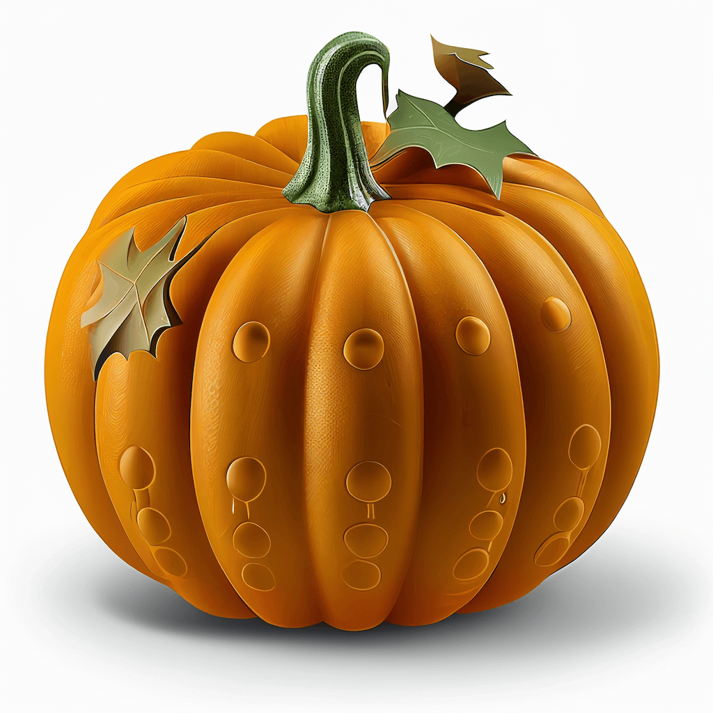 Orange pumpkin with a green stem on a white background.