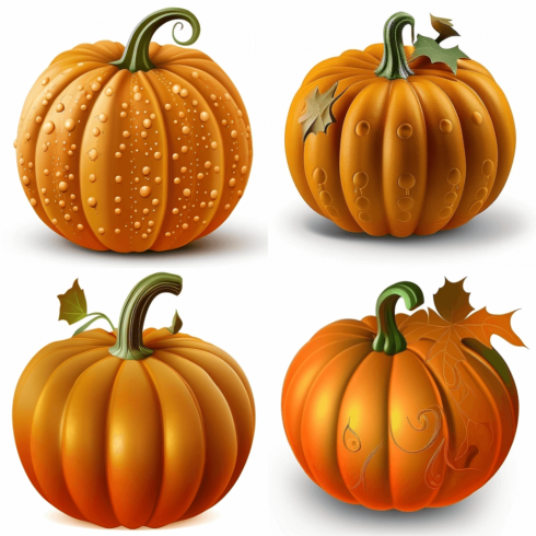 Set of four pumpkins with drops of water on them.