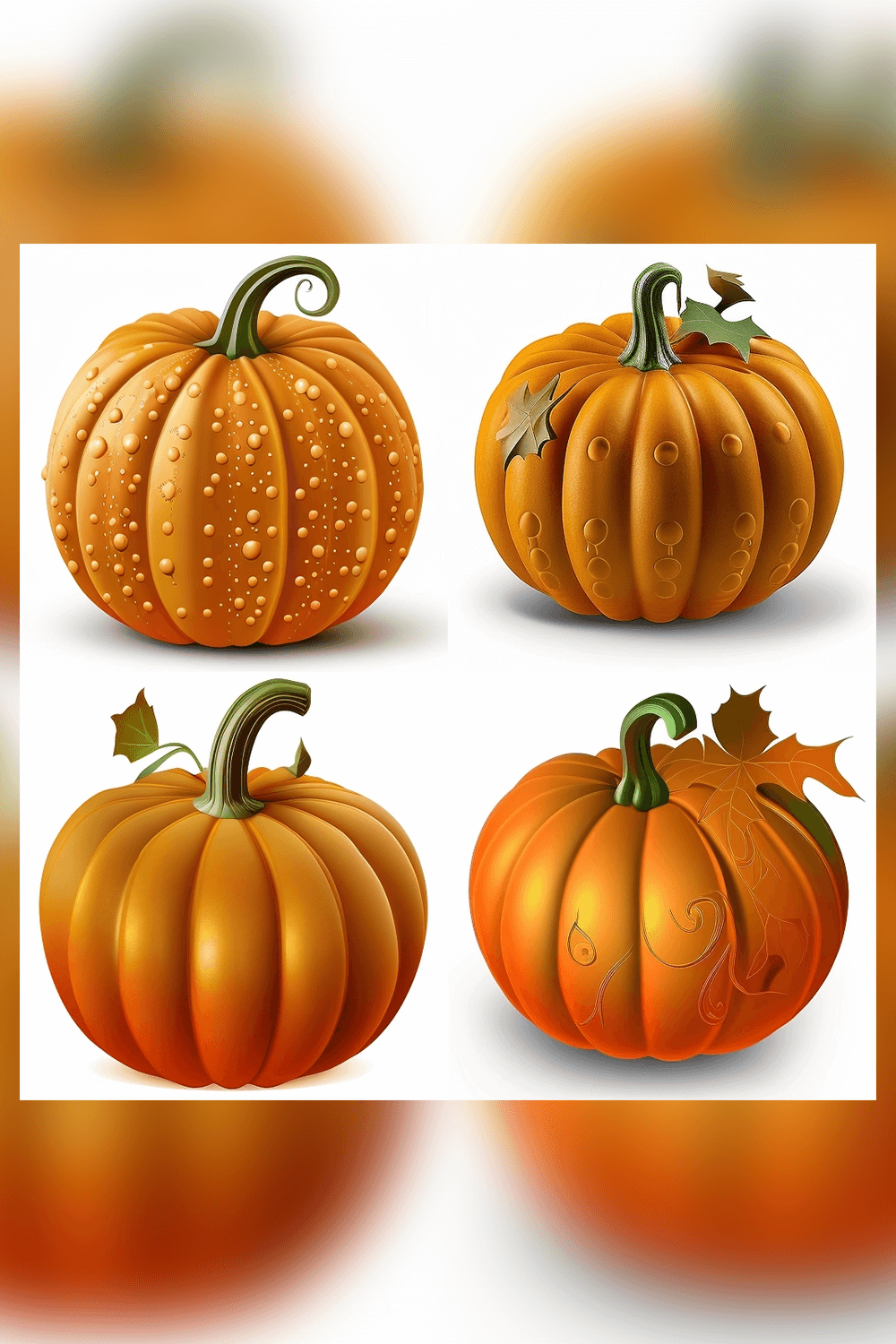 Set of four pumpkins with different designs.