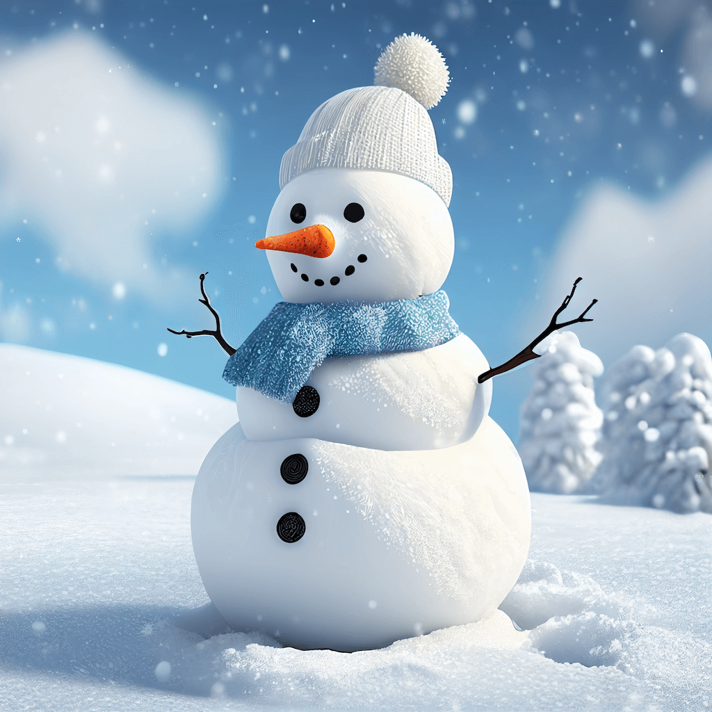 Snowman wearing a hat and scarf in the snow.