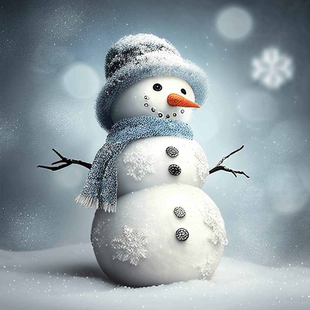 Snowman wearing a blue hat and scarf.