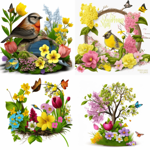 Set of four images with flowers and birds.