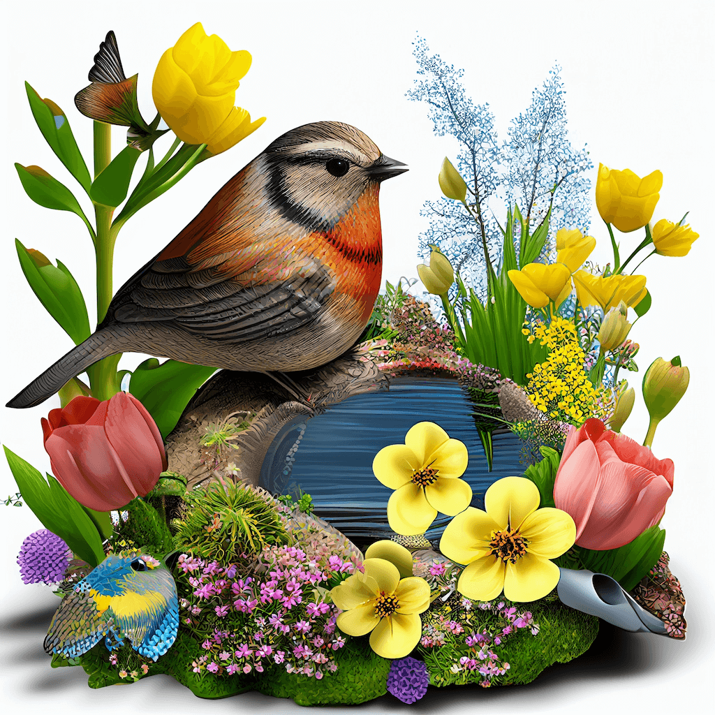 Bird sitting on a rock surrounded by flowers.