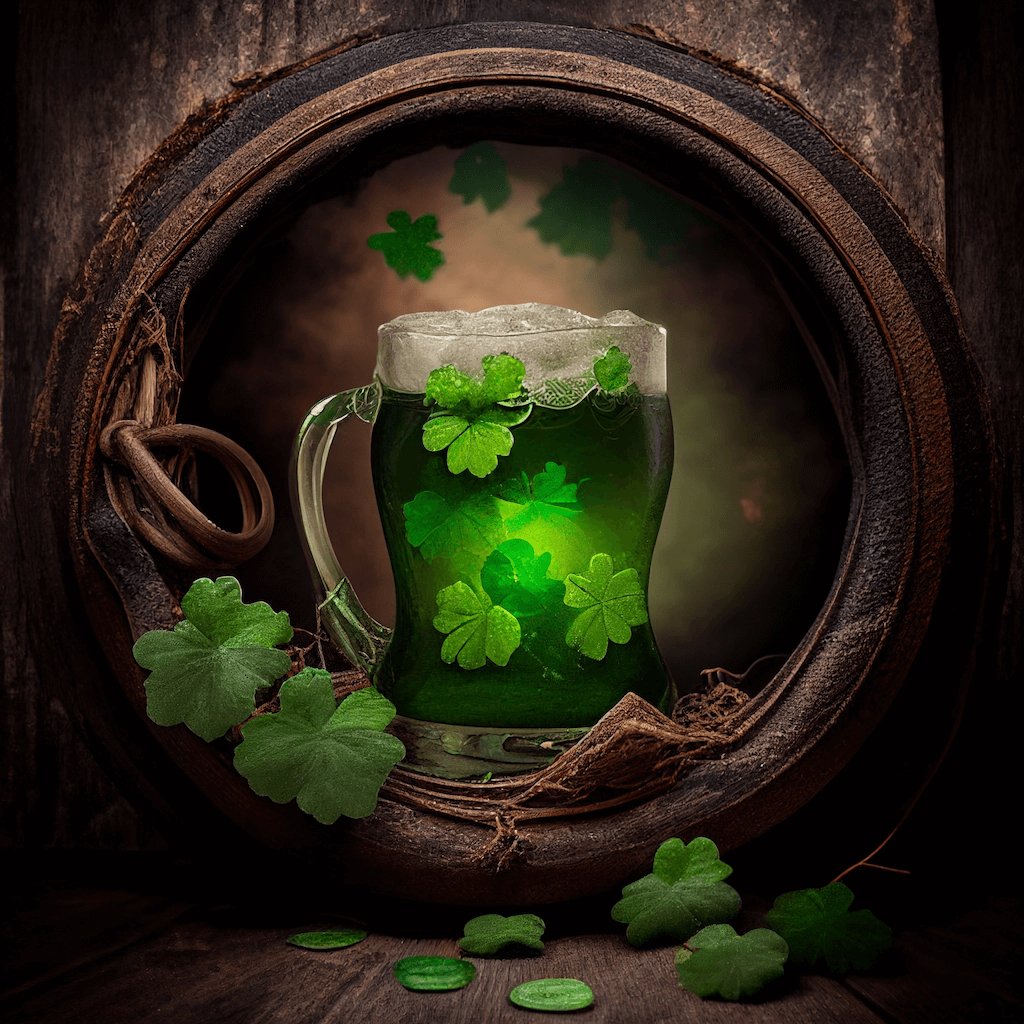 Glass of green beer with shamrocks around it.