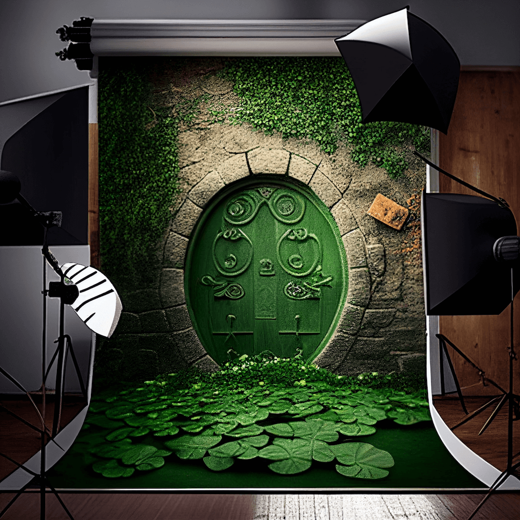 Green door in a stone wall surrounded by clover leaves.