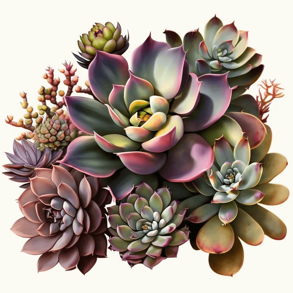 Painting of a bunch of succulents on a white background.