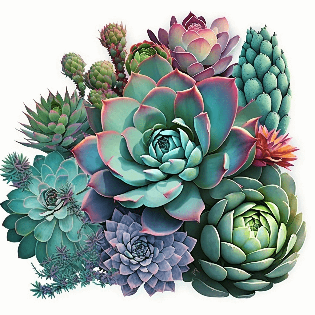 Bunch of different types of succulents on a white background.