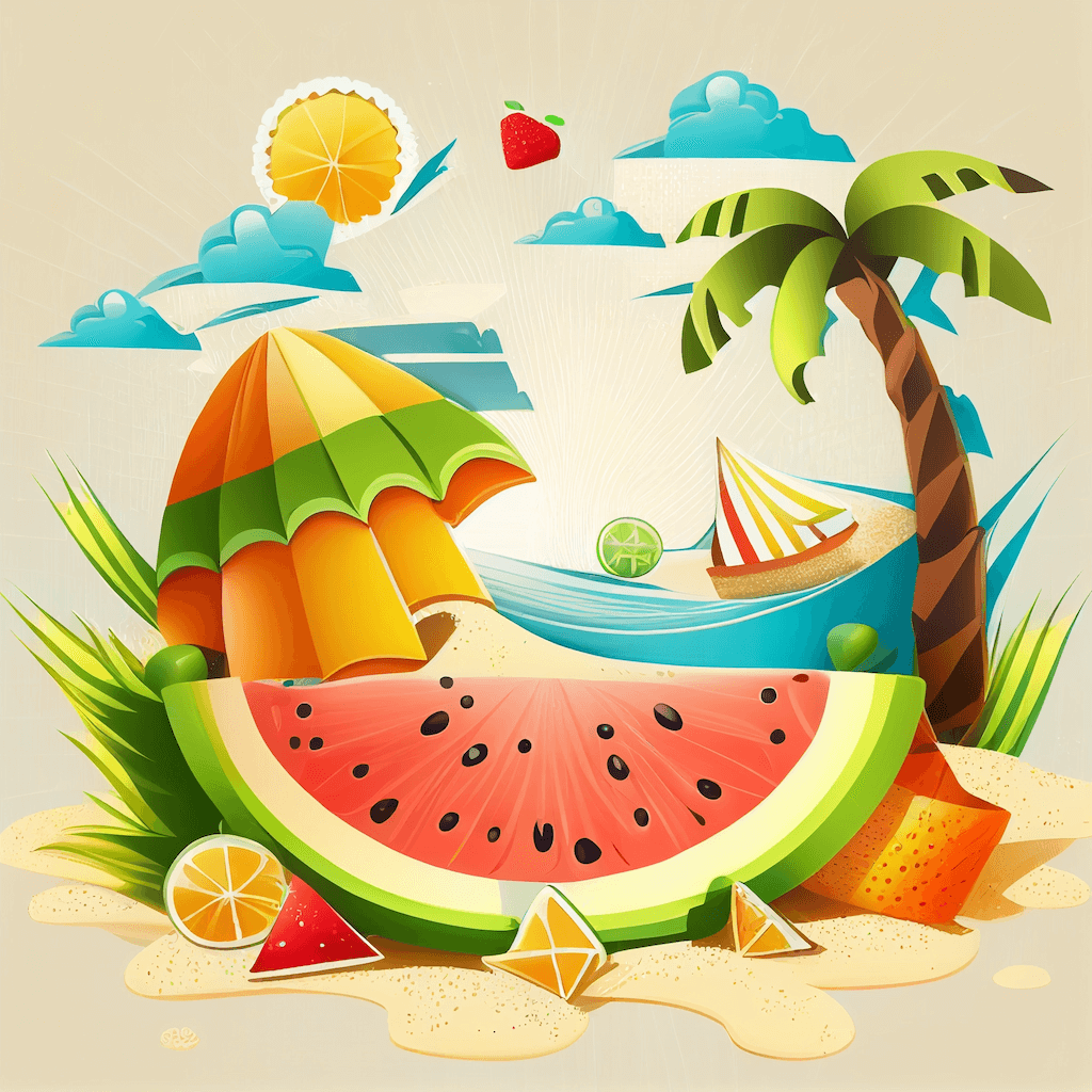 Slice of watermelon sitting on top of a sandy beach.