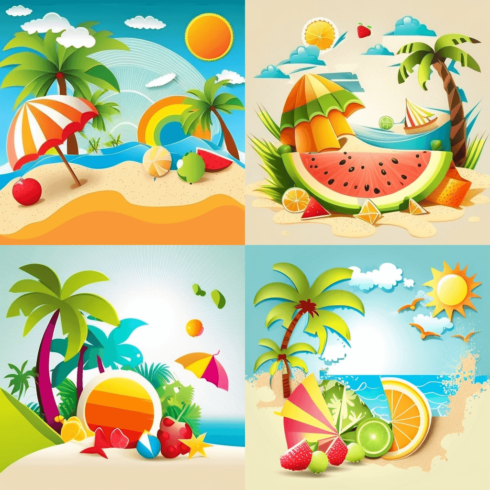 Set of four tropical scenes with palm trees.