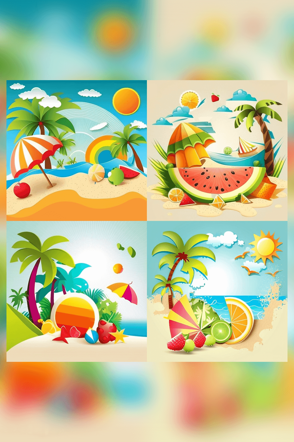 Set of four tropical scenes with palm trees.