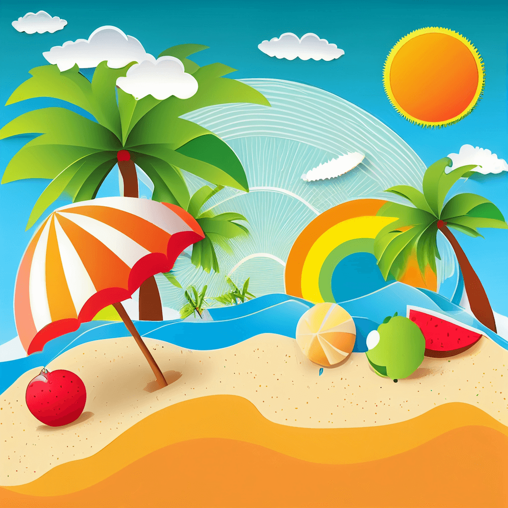 Beach scene with palm trees and umbrellas.