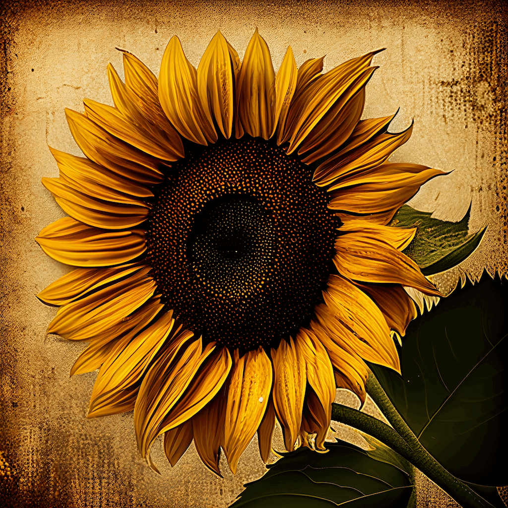 Painting of a sunflower with a brown background.