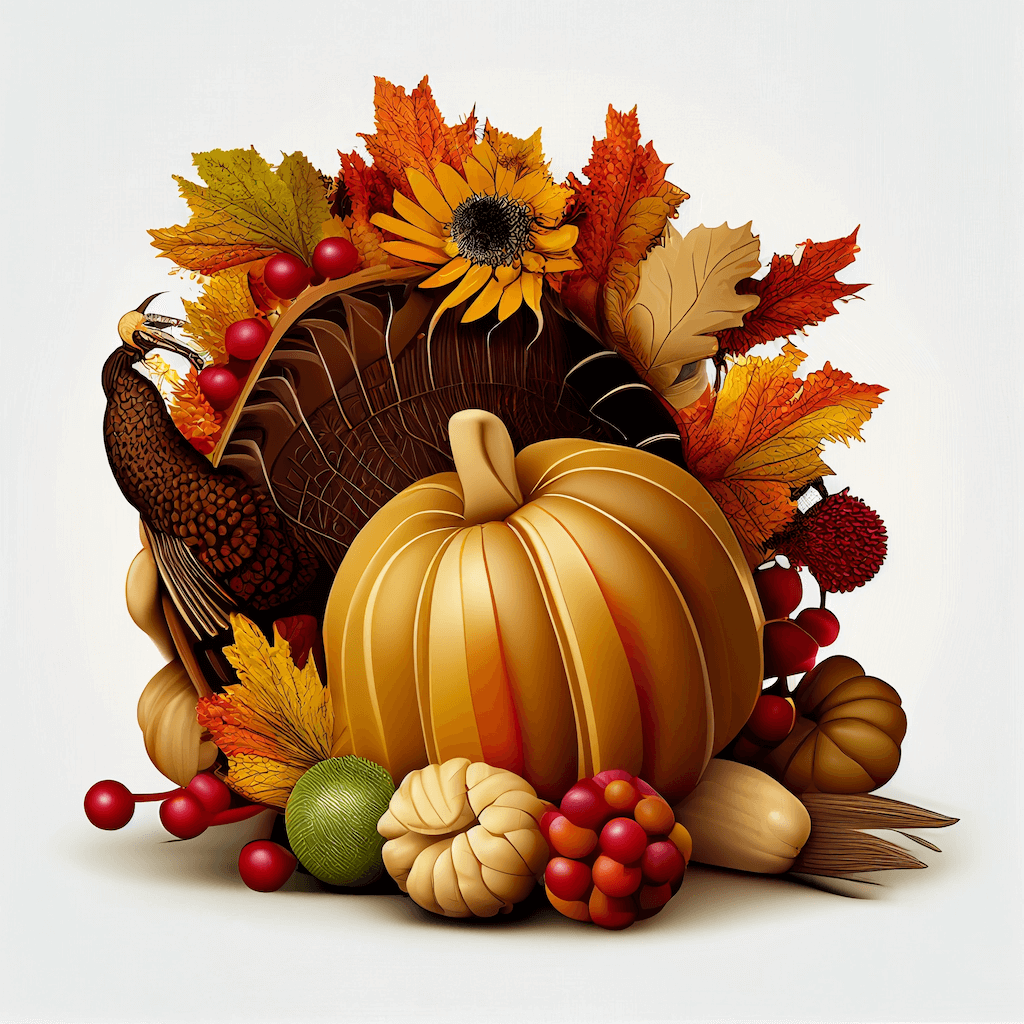 Turkey and a pumpkin surrounded by autumn leaves.