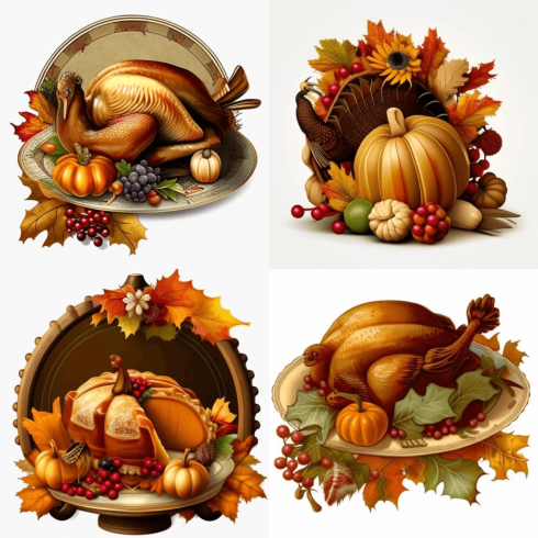 Set of four thanksgiving plates with turkeys and pumpkins.