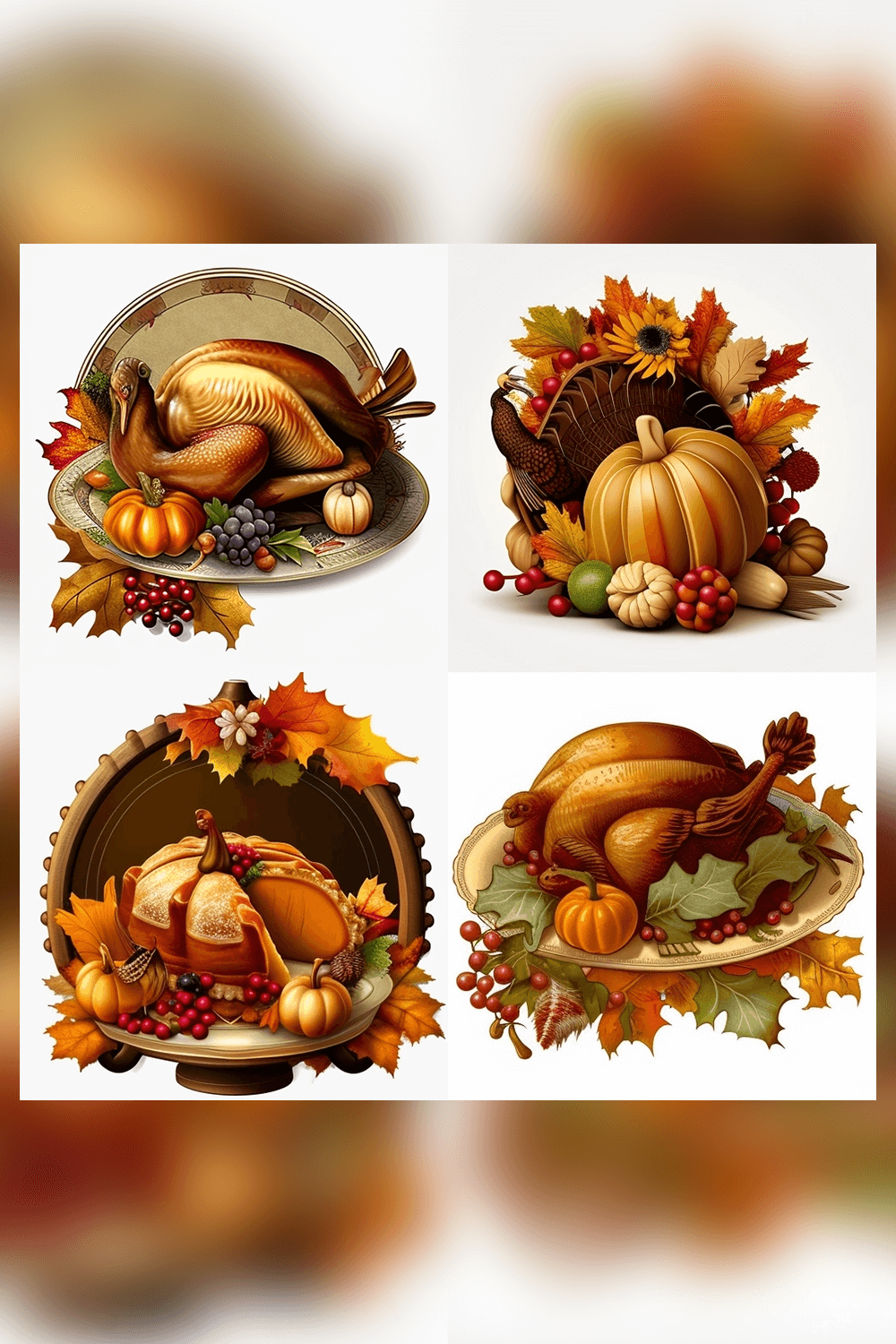 Set of four thanksgiving images with turkeys and pumpkins.