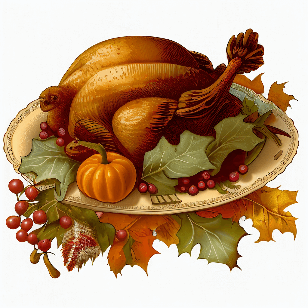 Turkey sitting on a platter with autumn leaves.