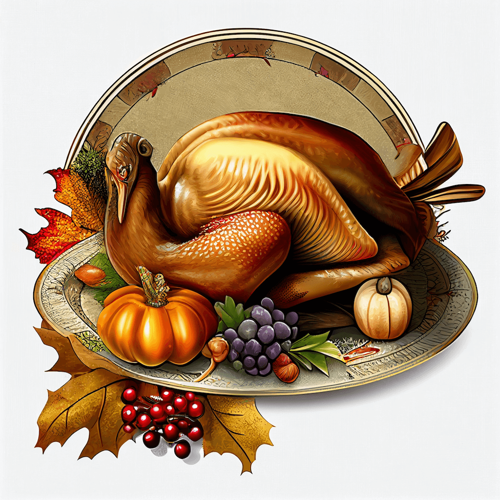 Turkey sitting on a plate with autumn decorations.