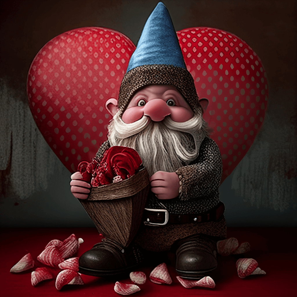 Painting of a gnome holding a basket of roses.