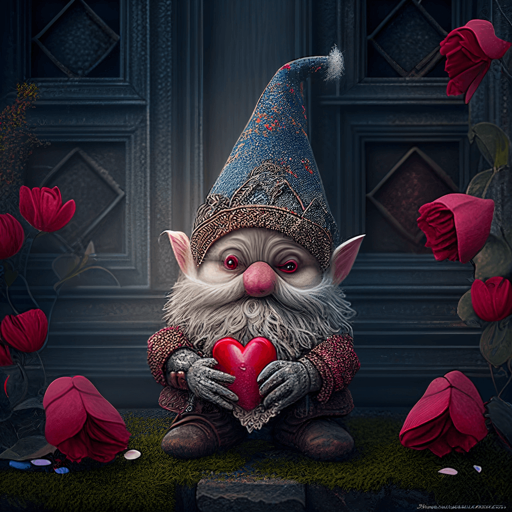 Painting of a gnome holding a heart.