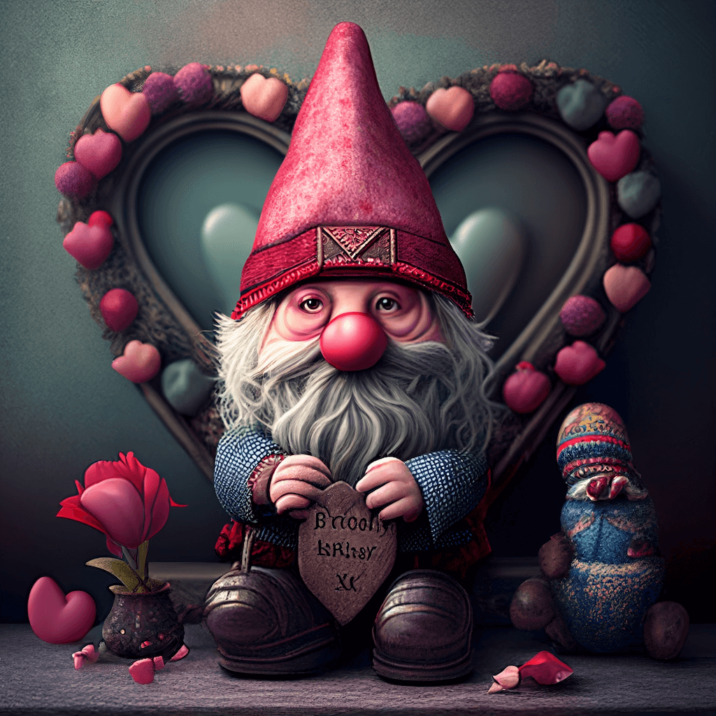 Painting of a gnome holding a heart.